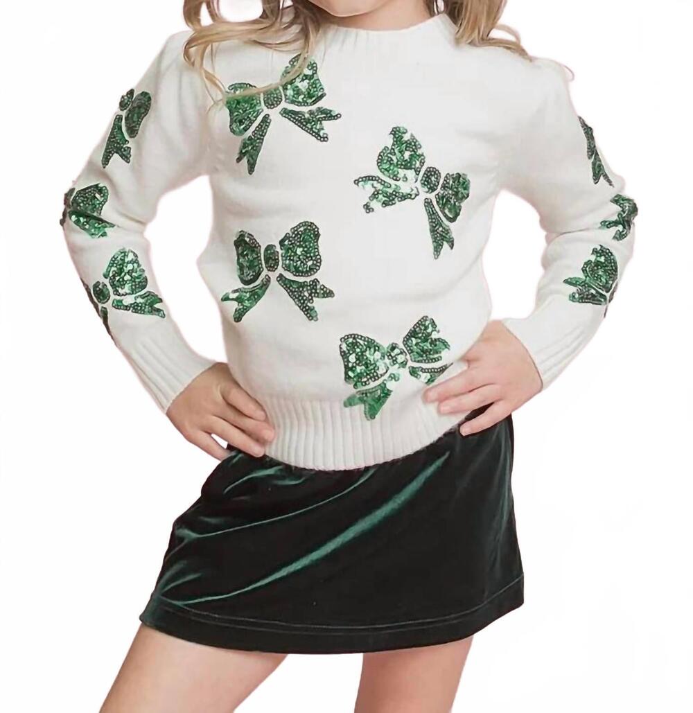 NEW BELLE CHER sequin bow sweater in green